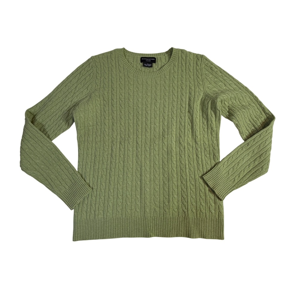 Sutton Studio Cashmere Sweater Size M Sage Green Cable Knit Crew Neck